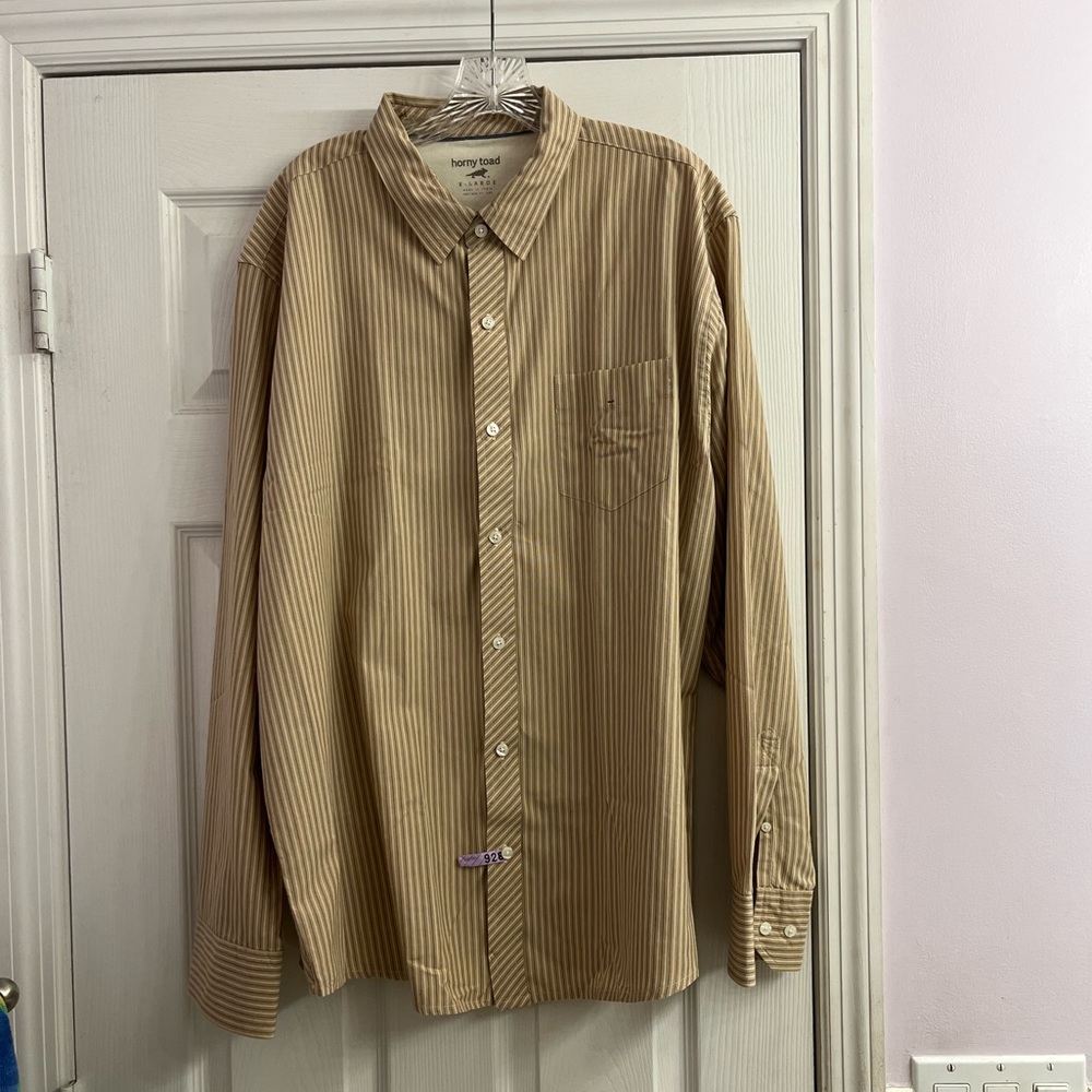 Horny Toad Men’s Long Sleeve Button Down Tan Stripes Dress Shirt Size L